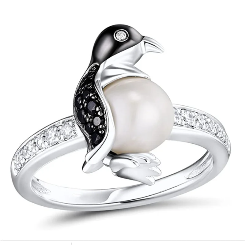 Drăguț Pinguin De Perle De Cristal Animal Inel Pentru Femei Nunta Logodna Bijuterii Accesorii De Mână De Sex Feminin